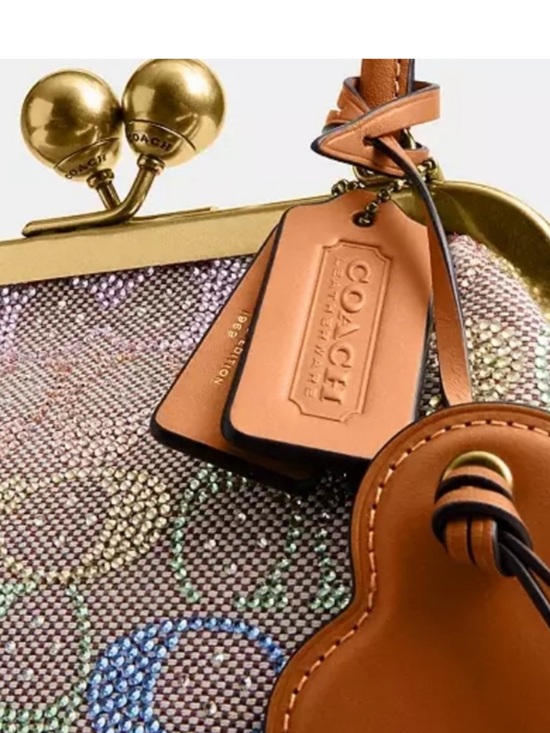 Coach Crystal Rainbow Signature Kisslock Bag with Tan Leather and Brass Hardware - Picture 3 of 15
